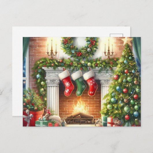 レトロメリークリスマスコージーホリデーホームハガキ シーズンポストカード (正面/裏面)
