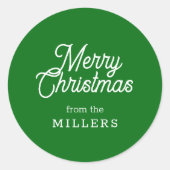 レトロメリークリスマスタイポグラフィオングリーン ラウンドシール (正面)