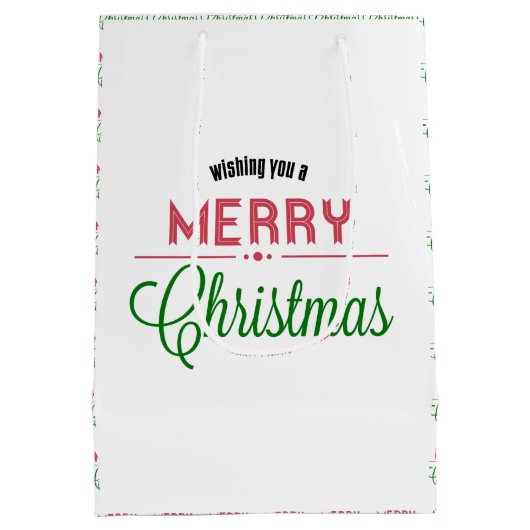 レトロメリークリスマスタイポグラフィデザイン ミディアムペーパーバッグ (裏面)