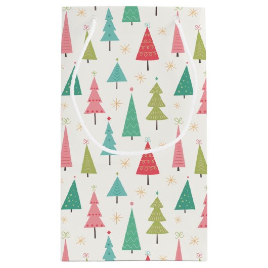 レトロメリークリスマスツリーおもしろいホリデーパターン スモールペーパーバッグ (裏面)
