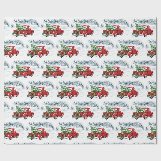 レトロメリークリスマスツリーレッドファームトラックホリデー ラッピングペーパー (フラット)