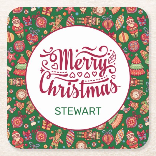 レトロメリークリスマスパーソナライズされた スクエアペーパーコースター (正面)
