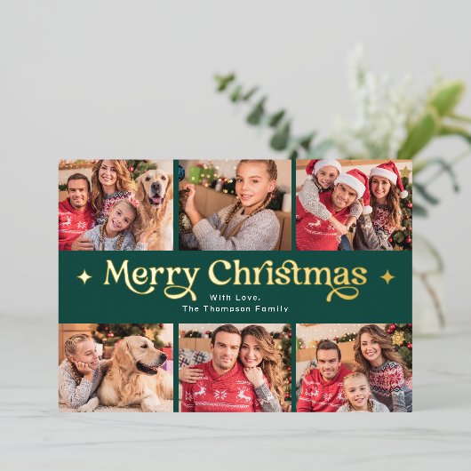 レトロメリークリスマスフォトコラージュ 箔シーズンカード (立ち正面)