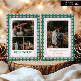 レトロメリークリスマスプレイドファミリーフォトホリデー シーズンカード