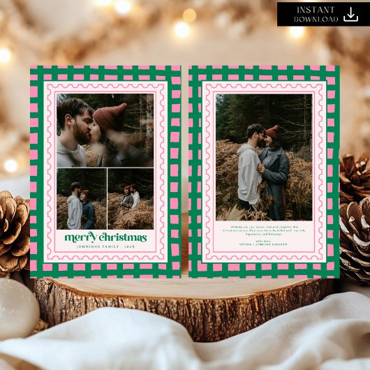 レトロメリークリスマスプレイドファミリーフォトホリデー シーズンカード