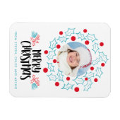レトロメリークリスマスホリーレッドベリー写真 マグネット (横)