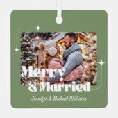 レトロメリー結婚したな書道の写真の緑 メタルオーナメント (裏面)