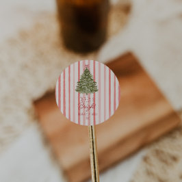 レトロメリー&ブライトレッドストライプクリスマスツリー ラウンドシール