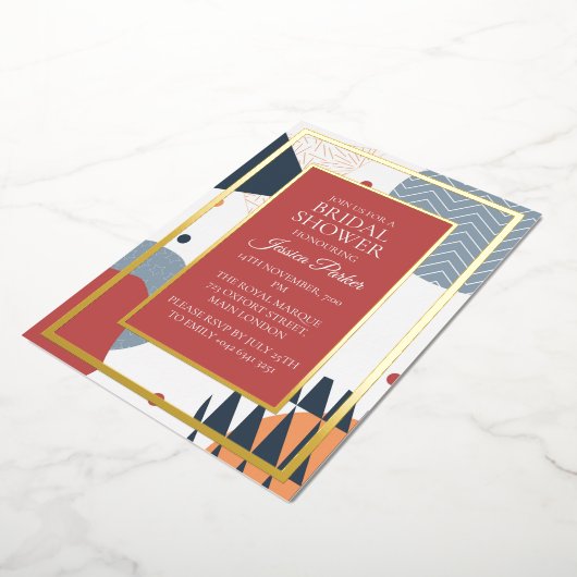 レトロメンフィス幾何ブライダルシャワー 箔招待状 (回転した状態)