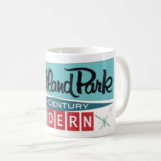 レトロモダンお祝いマグブライトホワイト11オズ コーヒーマグカップ (正面右)