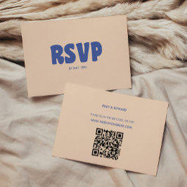 レトロモダンで個性的な青とベージュの結婚式 出欠カード