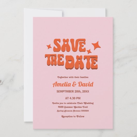 レトロモダンなグルービーピンク、オレンジ結婚式招待状 招待状 (正面)