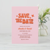 レトロモダンなグルービーピンク、オレンジ結婚式招待状 招待状 (スタンド正面)