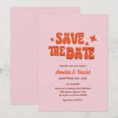 レトロモダンなグルービーピンク、オレンジ結婚式招待状 招待状 (正面/裏面)