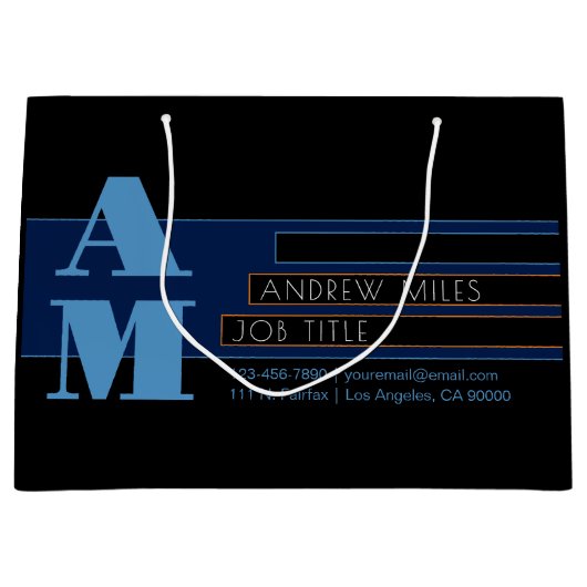 レトロモダンなモノグラム & 編集可能な図形と色 ラージペーパーバッグ (正面)