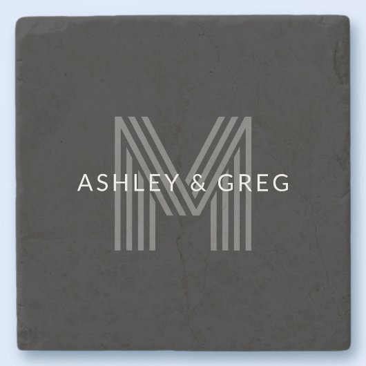 レトロモダンな名前/編集可能なイニシャル 黒とグレー ストーンコースター