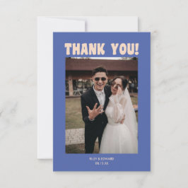 レトロモダンな大胆なタイポグラフィーの青い結婚式の写真 サンキューカード