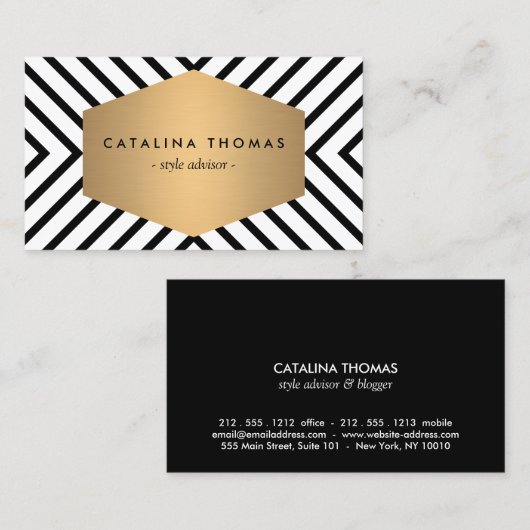 レトロモダンの白黒パターンと金ゴールドのエンブレム 名刺 (正面/裏面)