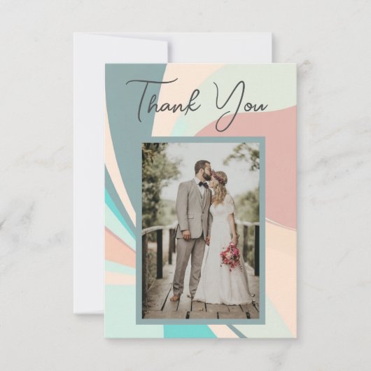 レトロモダングルーヴィピーチティール（緑がかった色）&アクア結婚ズ サンキューカード (正面)