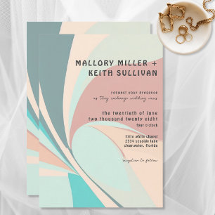 レトロモダングルーヴィピーチティール（緑がかった色）&アクア結婚ズ 招待状