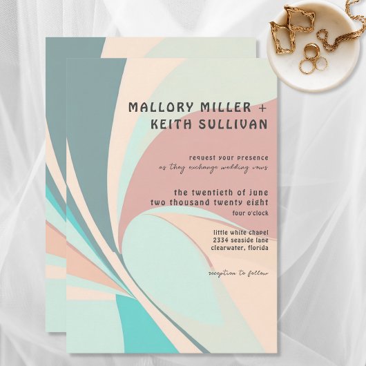 レトロモダングルーヴィピーチティール(緑がかった色)&アクア結婚ズ 招待状