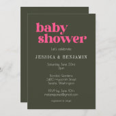 レトロモダングルーヴィーピンクと緑のベビーシャワー 招待状 (正面/裏面)