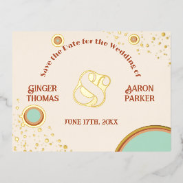 レトロモダンサークル70sアクアウェディング日付を保存 箔招待状ポストカード