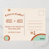 レトロモダンサークル70sアクアウェディング日付を保存 箔招待状ポストカード (裏面)