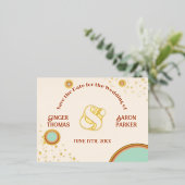 レトロモダンサークル70sアクアウェディング日付を保存 箔招待状ポストカード (立ち正面)