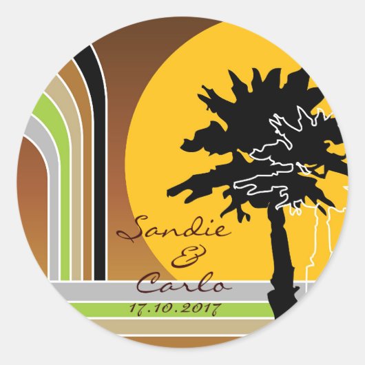 レトロモダンストライプズTropical Summer結婚's Sticker ラウンドシール (正面)