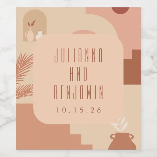 レトロモダンソフトテラコッタシェイプカスタムウェディング ワインラベル (シングルラベル)