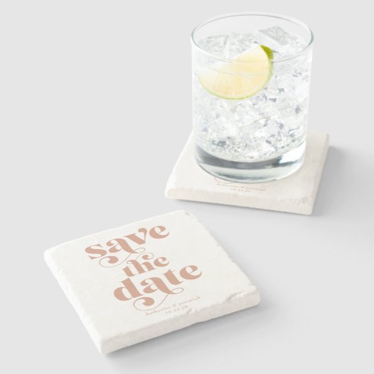 レトロモダンタイポグラフィウェディング日付の保存 ストーンコースター (横)