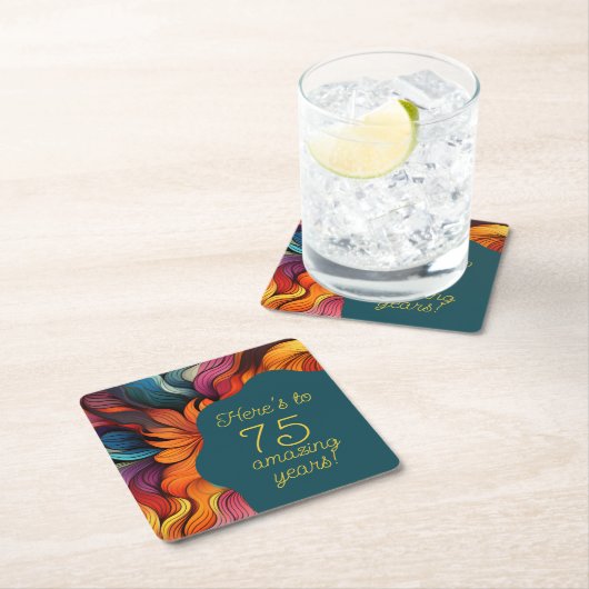レトロモダンティール（緑がかった色）オレンジ75誕生日 スクエアペーパーコースター (インサイチュ)
