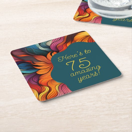レトロモダンティール（緑がかった色）オレンジ75誕生日 スクエアペーパーコースター (アングル)