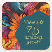 レトロモダンティール（緑がかった色）オレンジ75誕生日 スクエアペーパーコースター (正面)