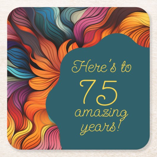 レトロモダンティール（緑がかった色）オレンジ75誕生日 スクエアペーパーコースター (正面)