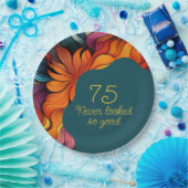 レトロモダンティール(緑がかった色)オレンジ75誕生日 ペーパープレート (パーティー)