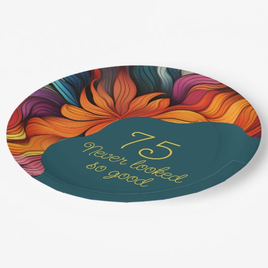 レトロモダンティール（緑がかった色）オレンジ75誕生日 ペーパープレート (アングル)