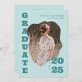 レトロモダンティール（緑がかった色）タイポグラフィ2写真卒業 招待状 (正面/裏面)