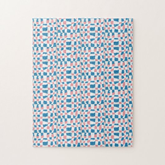 レトロモダンピンクブルーチェッカーボード抽象芸術 ジグソーパズル (縦)