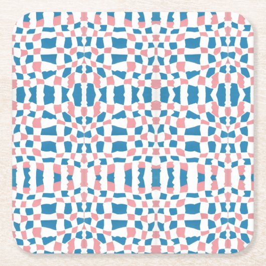 レトロモダンピンクブルーチェッカーボード抽象芸術 スクエアペーパーコースター (正面)