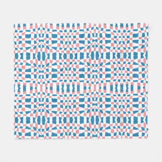 レトロモダンピンクブルーチェッカーボード抽象芸術 フリースブランケット (正面(横))