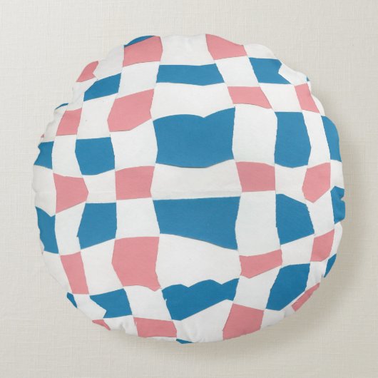 レトロモダンピンクブルーチェッカーボード抽象芸術 ラウンドクッション (正面)