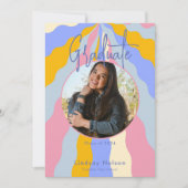 レトロモダンピンク紫色の波写真卒業 招待状 (正面)