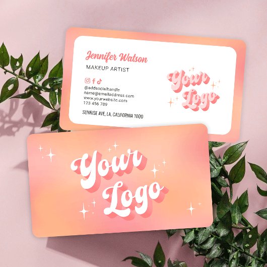 レトロモダンピーチメイクアップアーティスト美しいサロンロゴ 名刺