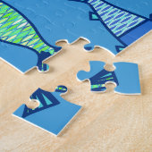 レトロモダンフィッシュ、ターコイズ、セルーリアンブルー ジグソーパズル (側面)