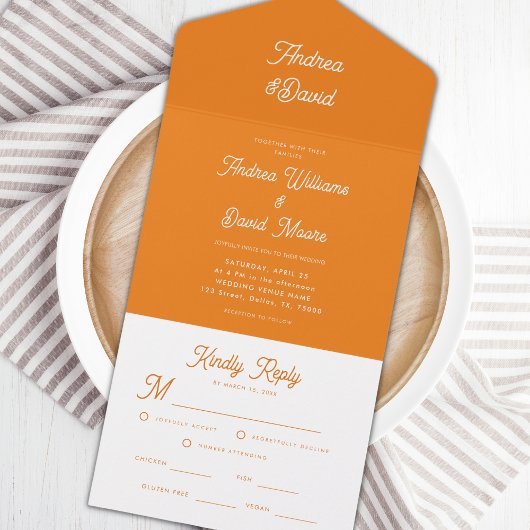 レトロモダンフォントブライトオレンジミニマリスト結婚ズ オールインワン招待状