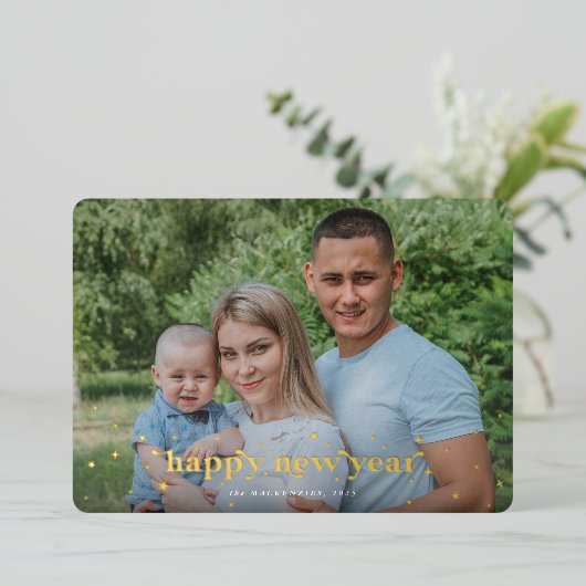 レトロモダンフォント+スターズハッピーニューイヤー写真 箔シーズンカード (立ち正面)