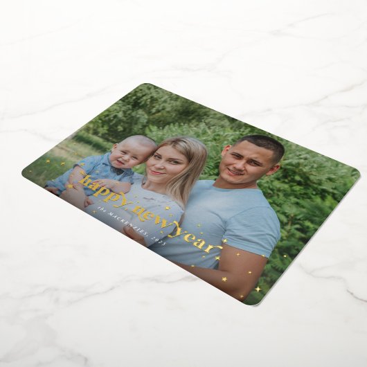 レトロモダンフォント+スターズハッピーニューイヤー写真 箔シーズンカード (回転した状態)