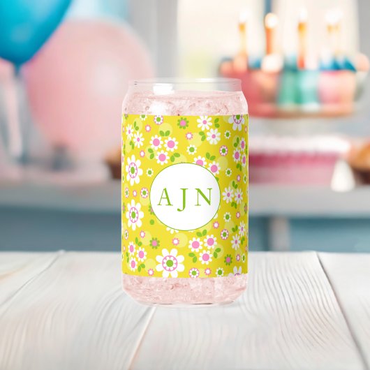 レトロモダンフラワーイエロー&ホワイトモノグラム ガラス缶 (インサイチュ (ベビーシャワー))